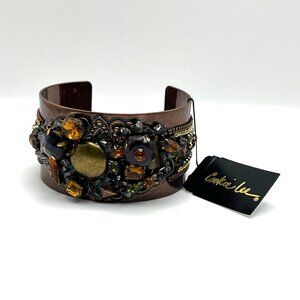 Cookie Lee Copper Cuff Bracelet With Gemstone Accents & Chain Details NEW